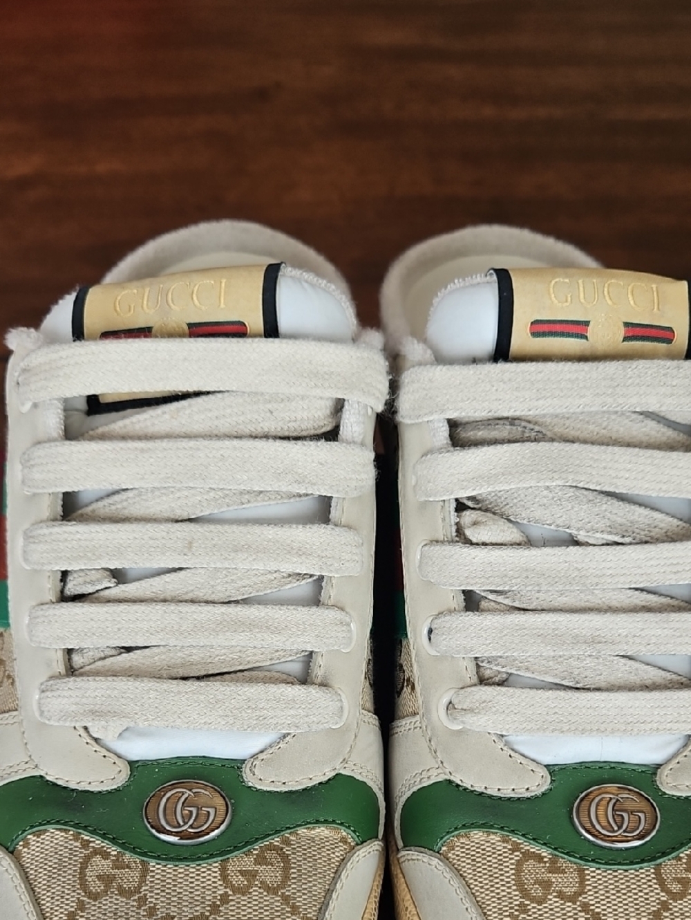 Gucci Women's Cream and Green GG Leather-Trim Mule Sneakers